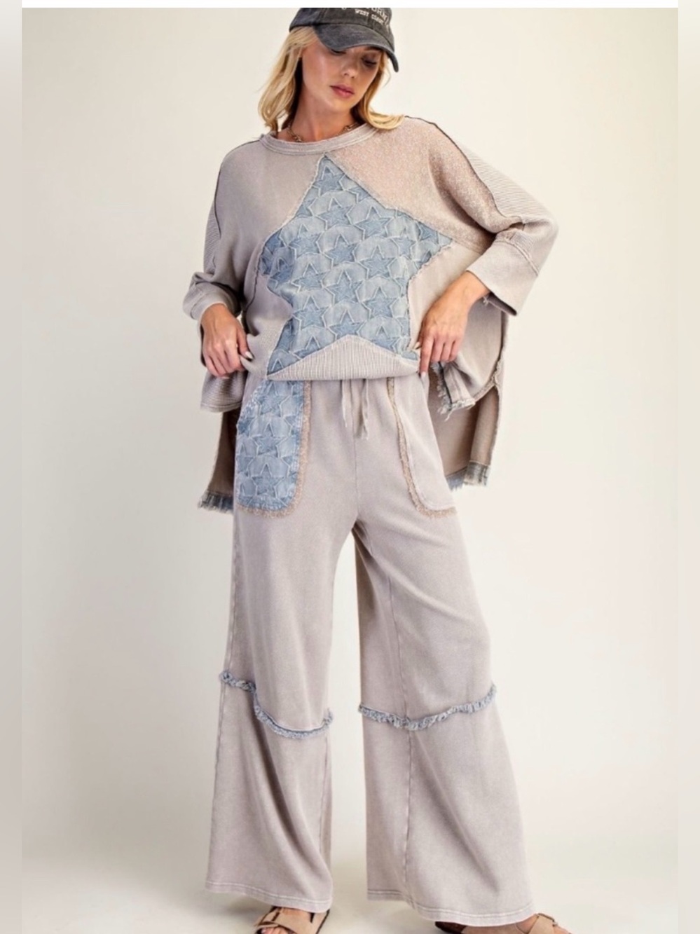 Easel Los Angeles Star Riot OUTFIT Wide-Leg Star Patch Pants and Top Small NWT